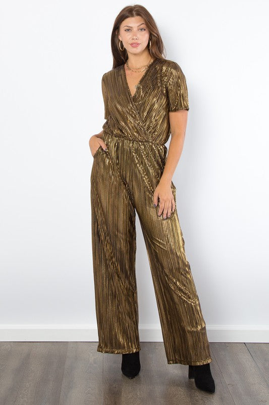 Outfit Flow - Be Stage Surplice Short Sleeve Pleated Foil Jumpsuit