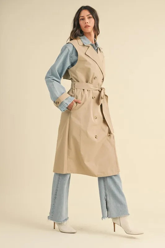 MABLE Layered Look Trench Coat With Denim Jacket Trendsi