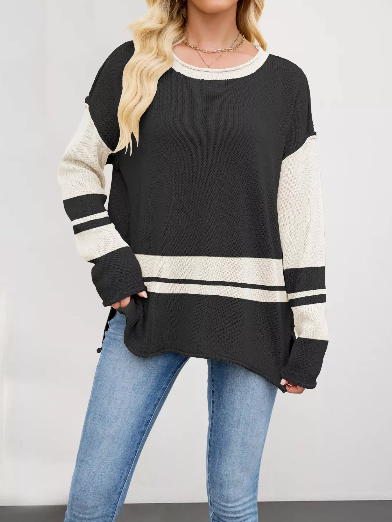 Color Block Side Slit Sweater Black OutfitFlow