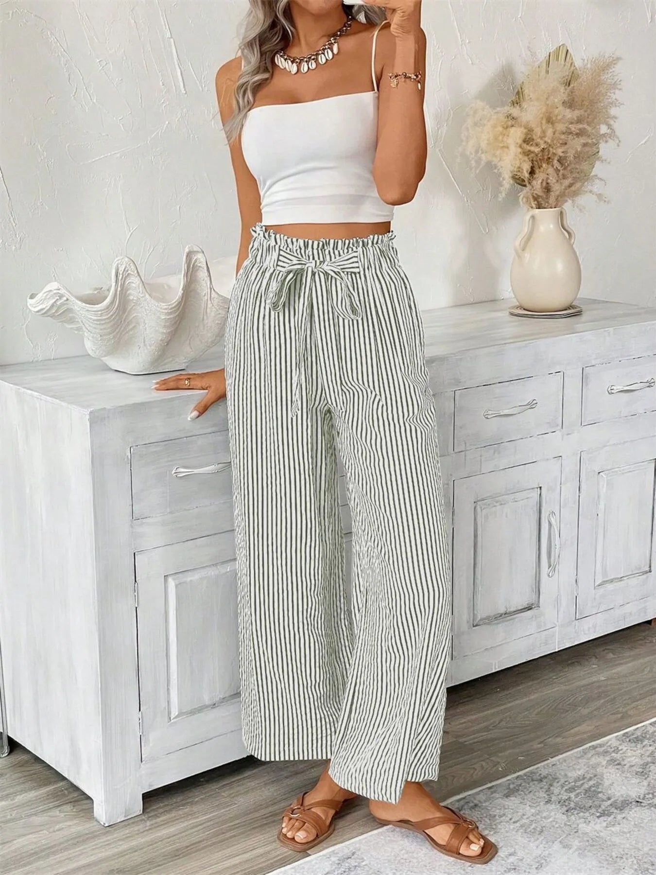 Full Size Striped Wide Leg Paper Bag Pants Plus Size Army Green OutfitFlow