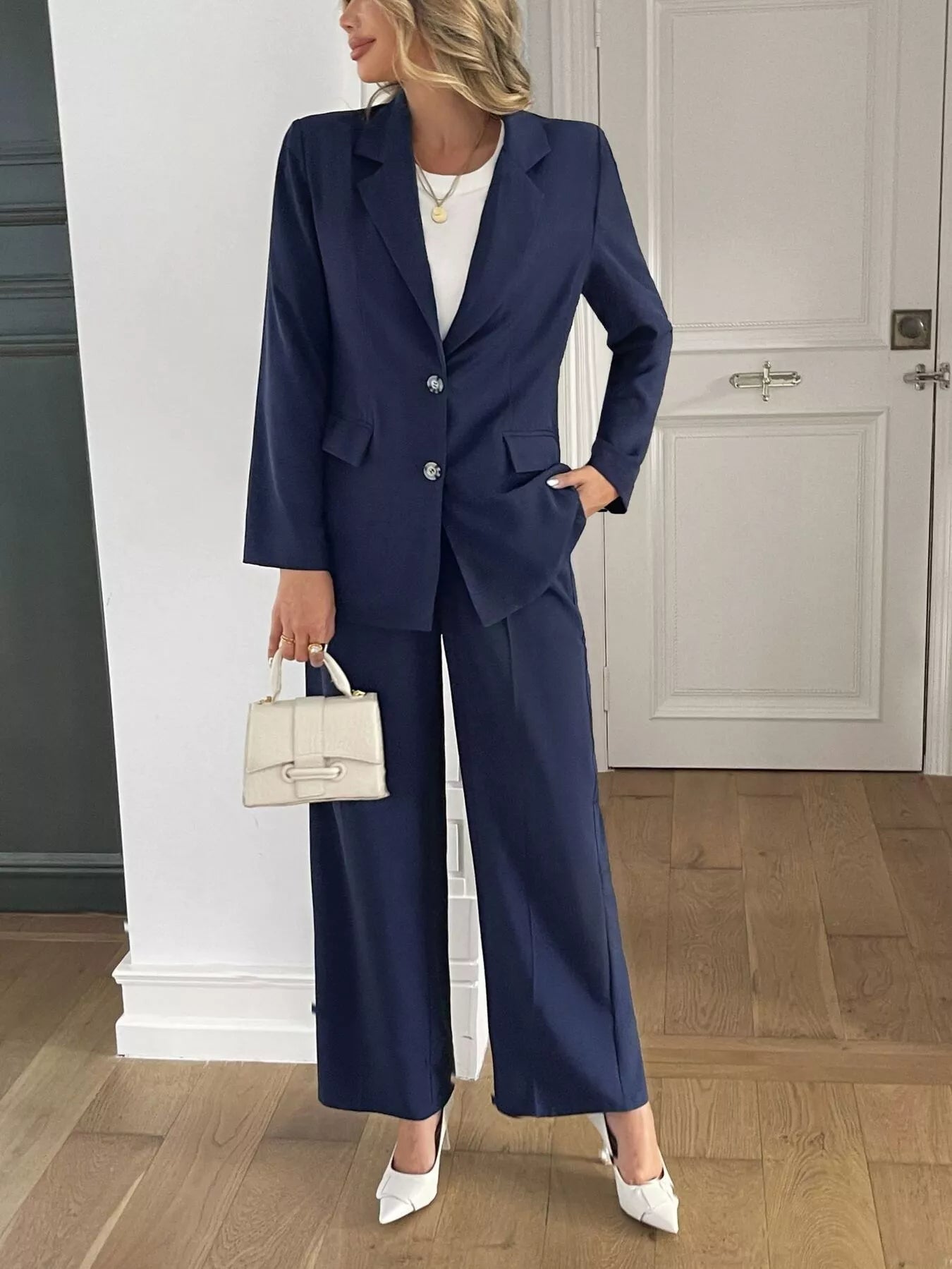 Button Up Blazer & Wide Leg Pants Set OutfitFlow