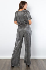 Outfit Flow - Be Stage Surplice Short Sleeve Pleated Foil Jumpsuit