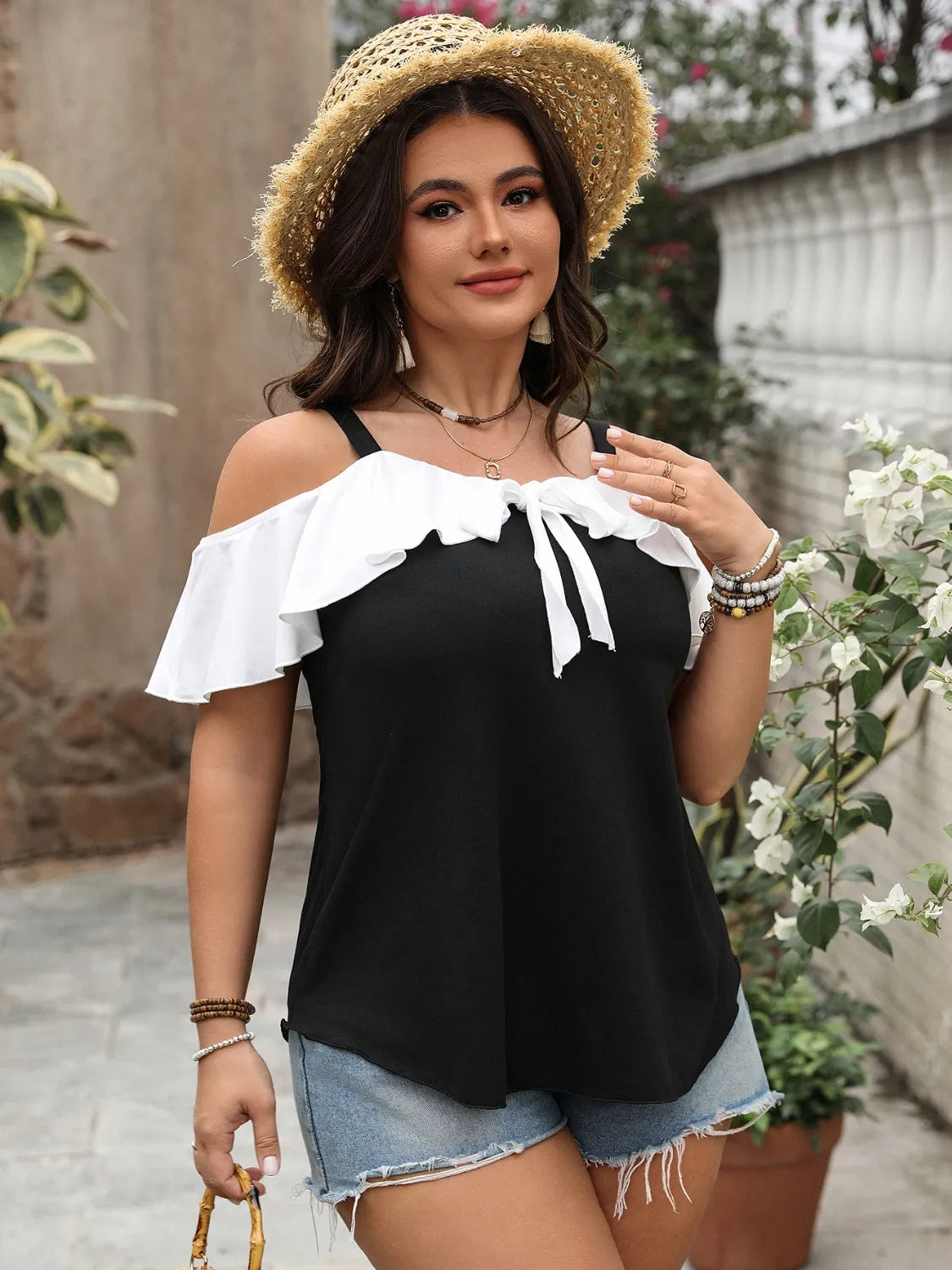 Plus Size Ruffled Contrast Short Sleeve Blouse OutfitFlow