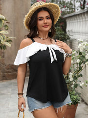 Plus Size Ruffled Contrast Short Sleeve Blouse OutfitFlow