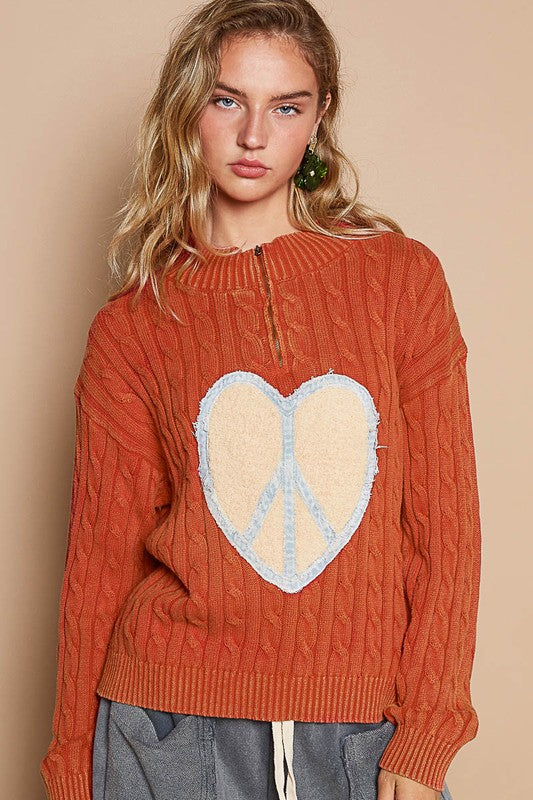 Outfit Flow - POL Cable-Knit Peace Patch Dropped Shoulder Sweater