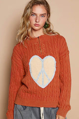 Outfit Flow - POL Cable-Knit Peace Patch Dropped Shoulder Sweater