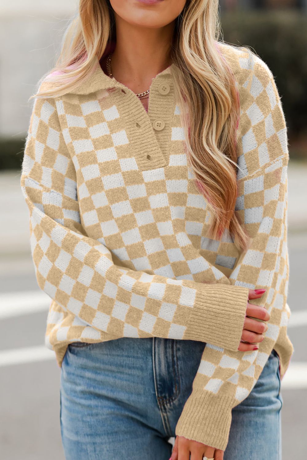 Outfit Flow - Checkered Collared Neck Long Sleeve Sweater