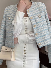Button Up Cropped Tweed Outerwear Light Blue One Size OutfitFlow