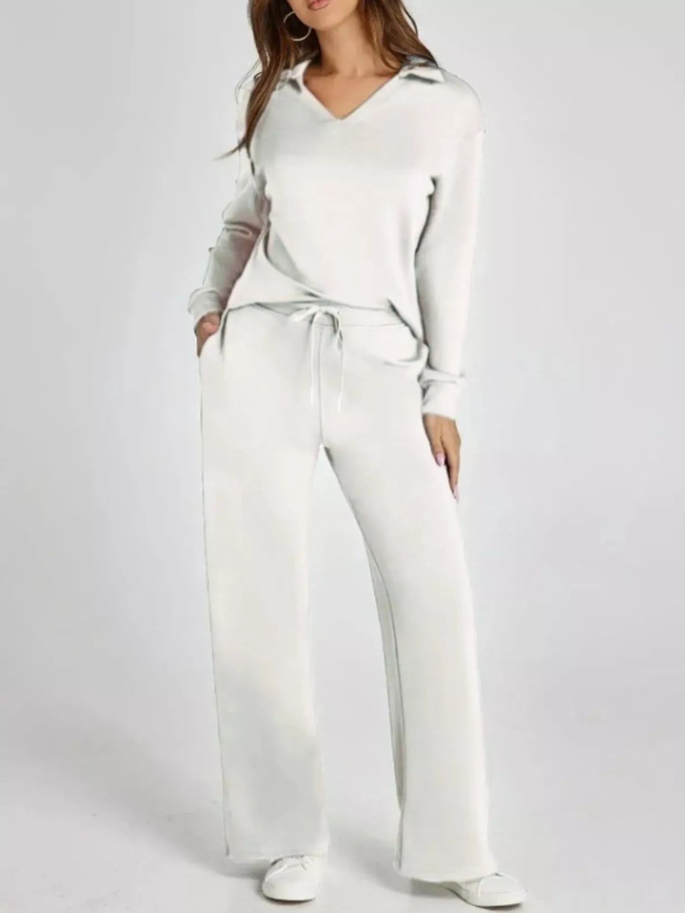 Full Size Johnny Collar Long Sleeve Top and Pants Plus Size Gray white OutfitFlow