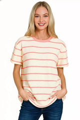 Zenana Textured Striped Crew Neck T-Shirt OutfitFlow