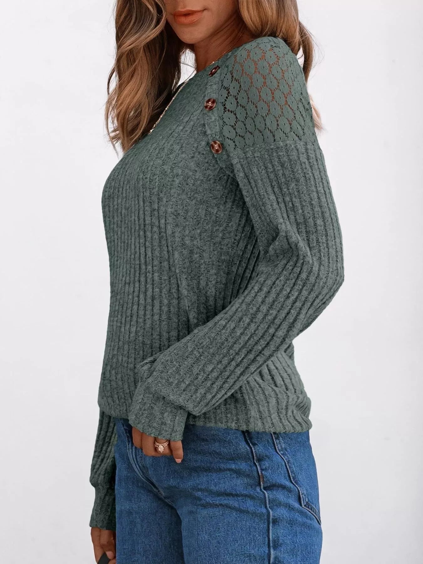 Ribbed Knit T-Shirt with Lace Shoulder Detail OutfitFlow