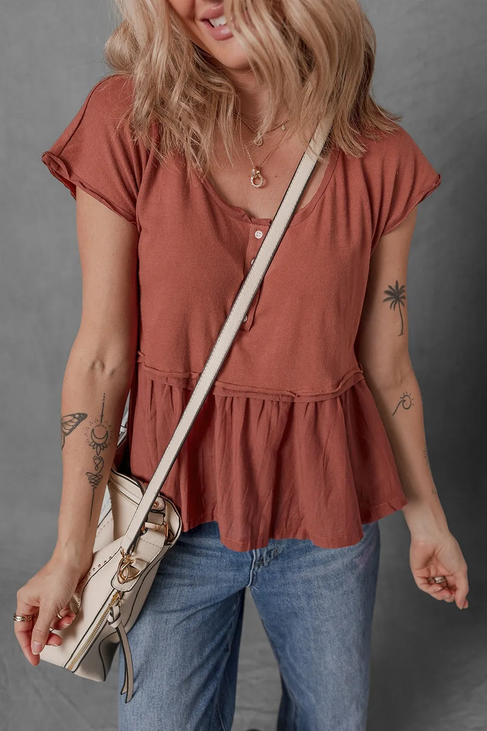 Short Sleeve U Neck Buttons Splicing Ruffle Blouse OutfitFlow