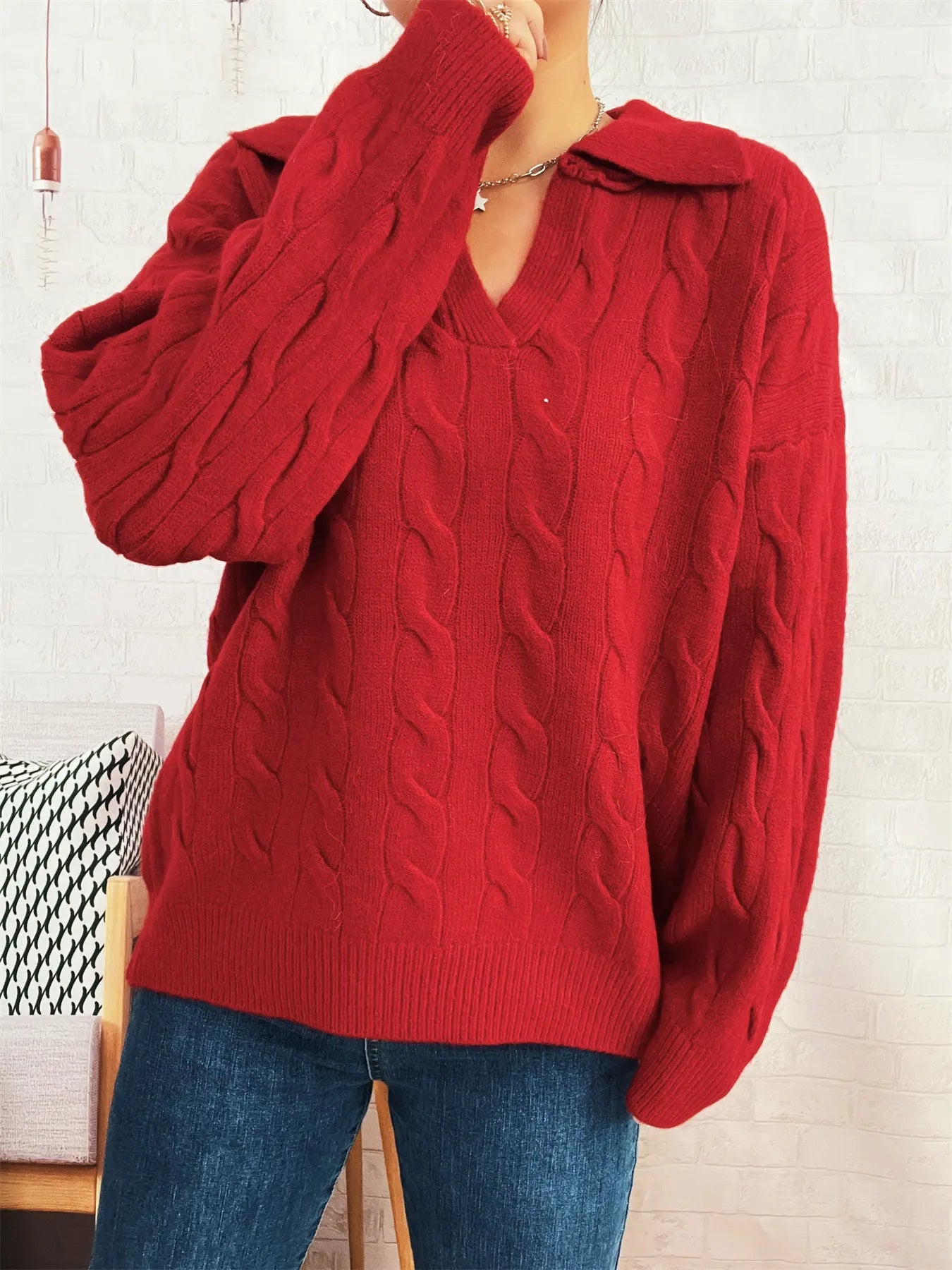 Cable Knit Johnny Collar Sweater Trendsi