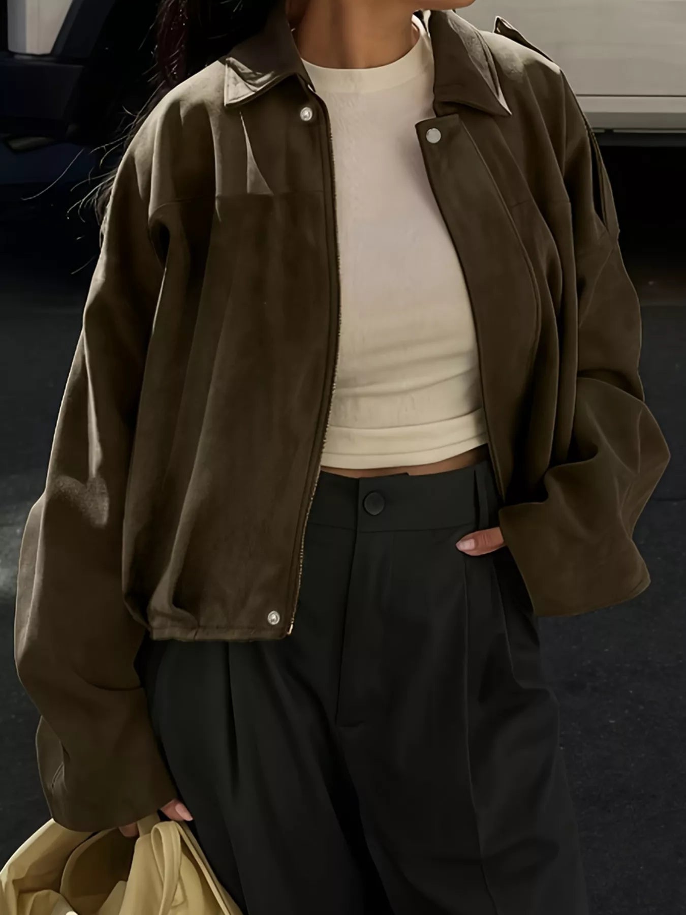 Plus Size Suede Cropped Bomber Jacket OutfitFlow