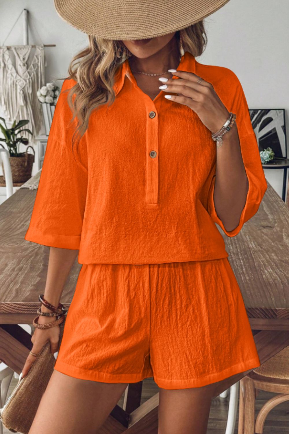 Outfit Flow - Collared Neck Half Sleeve Top and Shorts Set