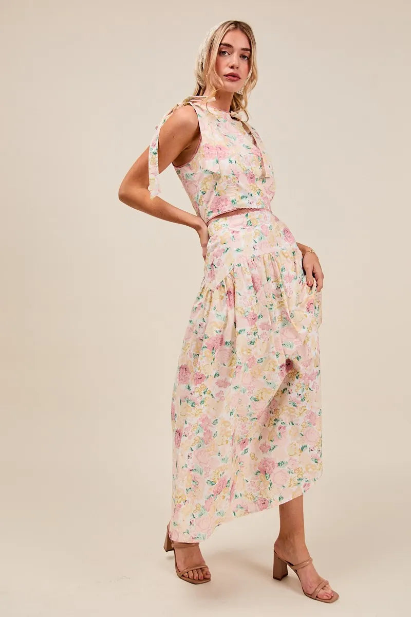 SO ME Floral Printed Woven Shoulder Bow Tie Top and Skirt Set OutfitFlow