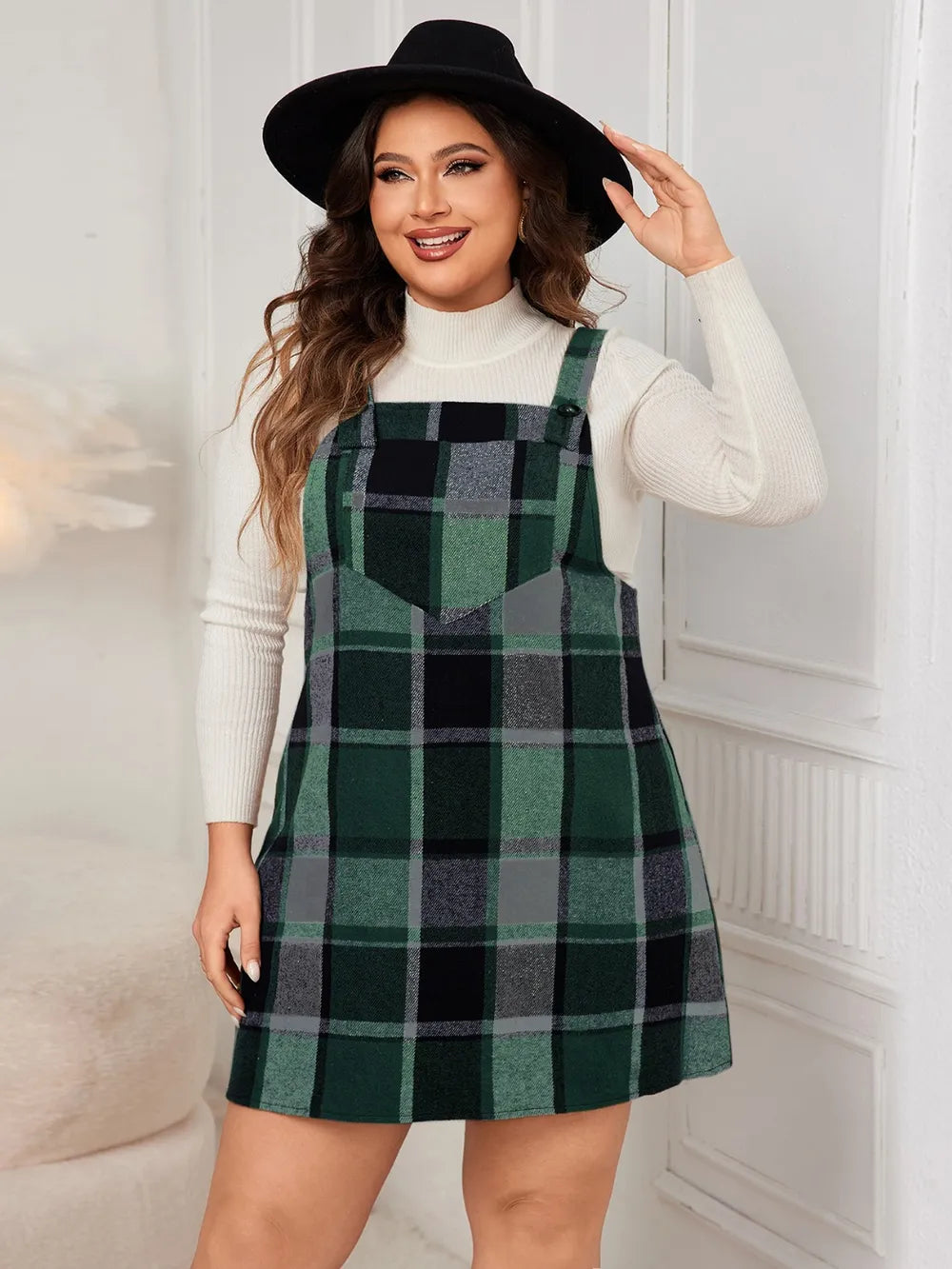 Honey Plus Size Plaid Wide Strap Overall Dress Dark Green OutfitFlow
