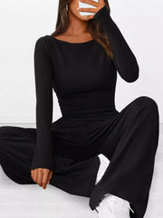 Long Sleeve Top and Wide Leg Pants Set OutfitFlow