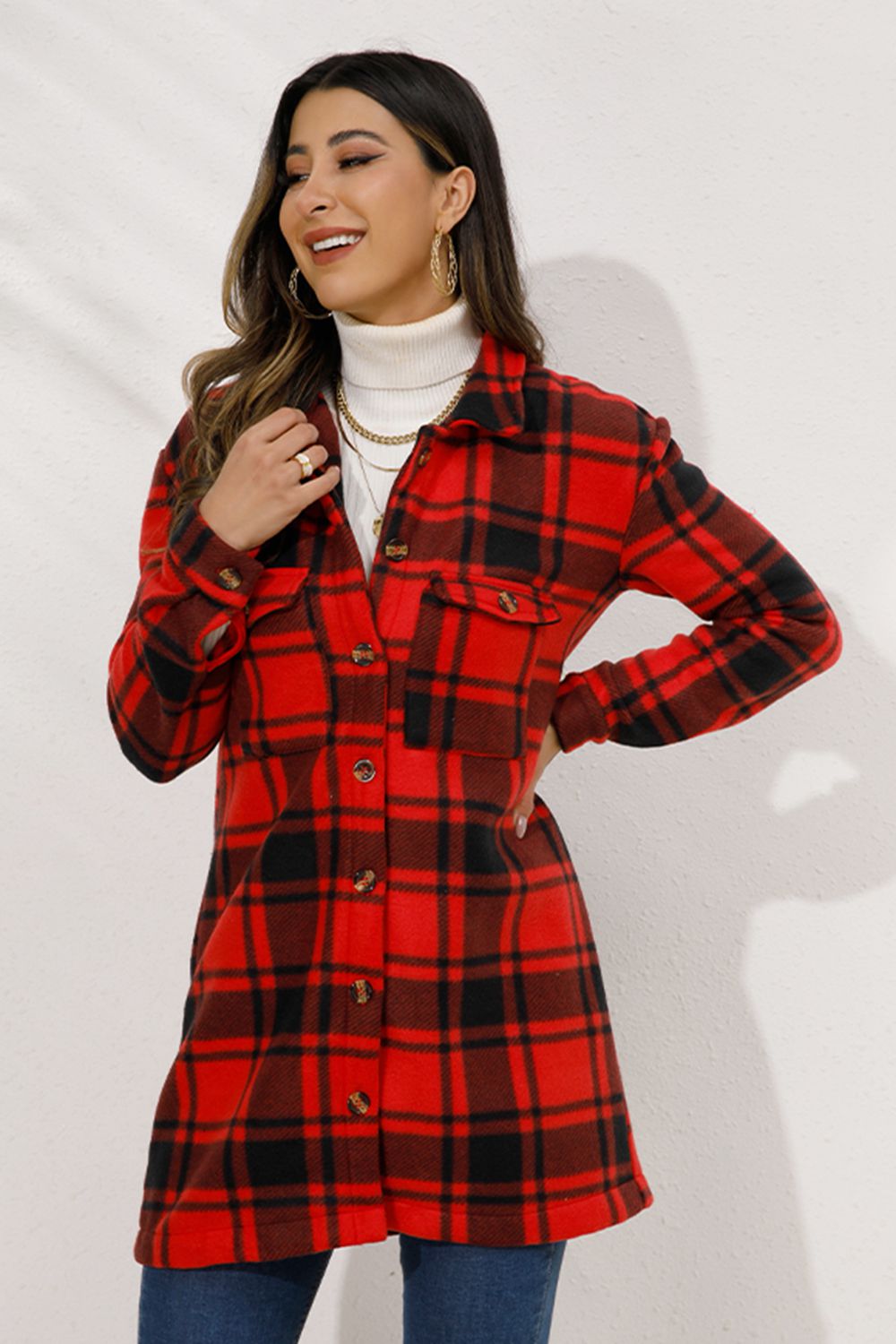 Shiny Plaid Collared Longline Coat Trendsi
