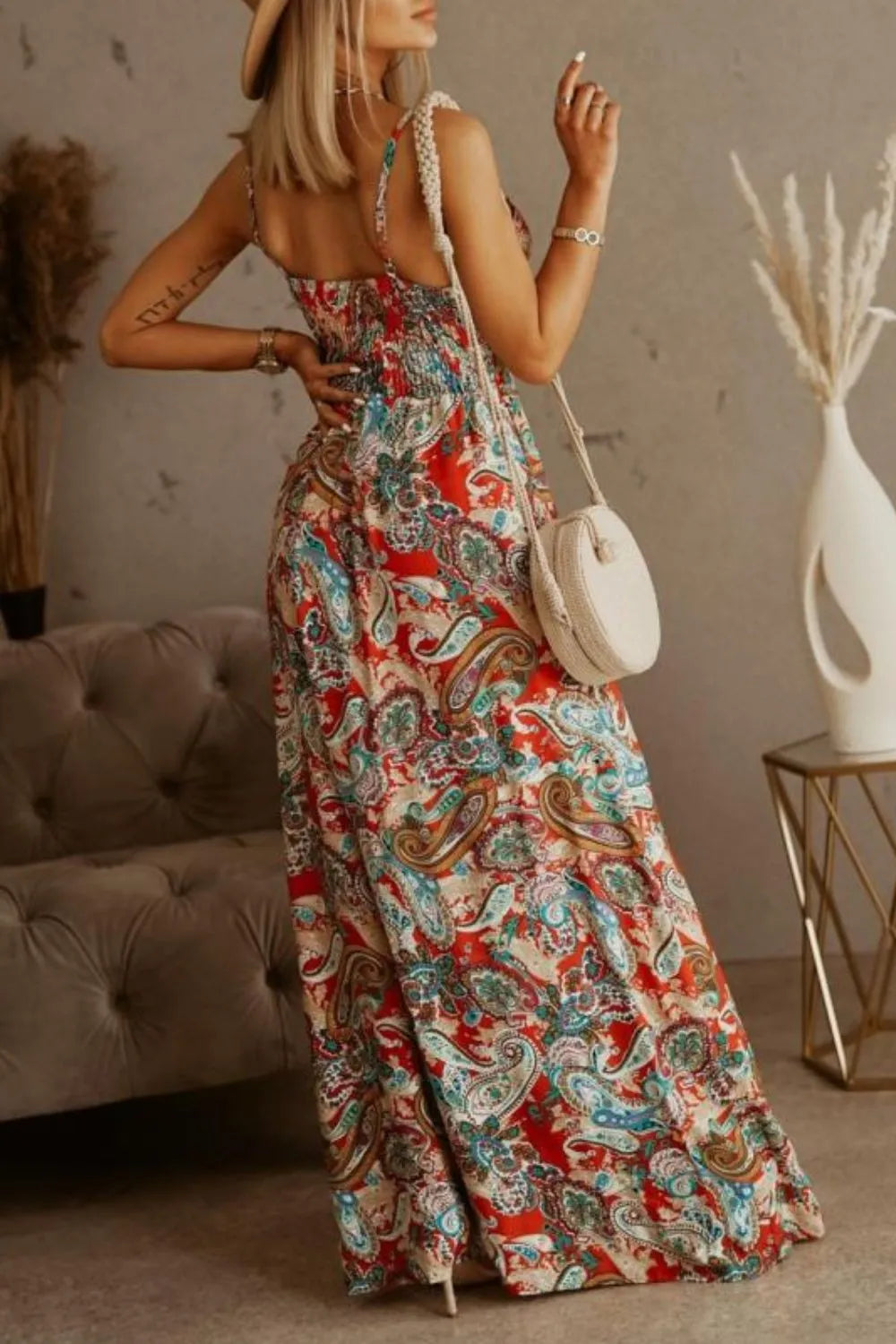 Printed Spaghetti Strap Maxi Dress OutfitFlow