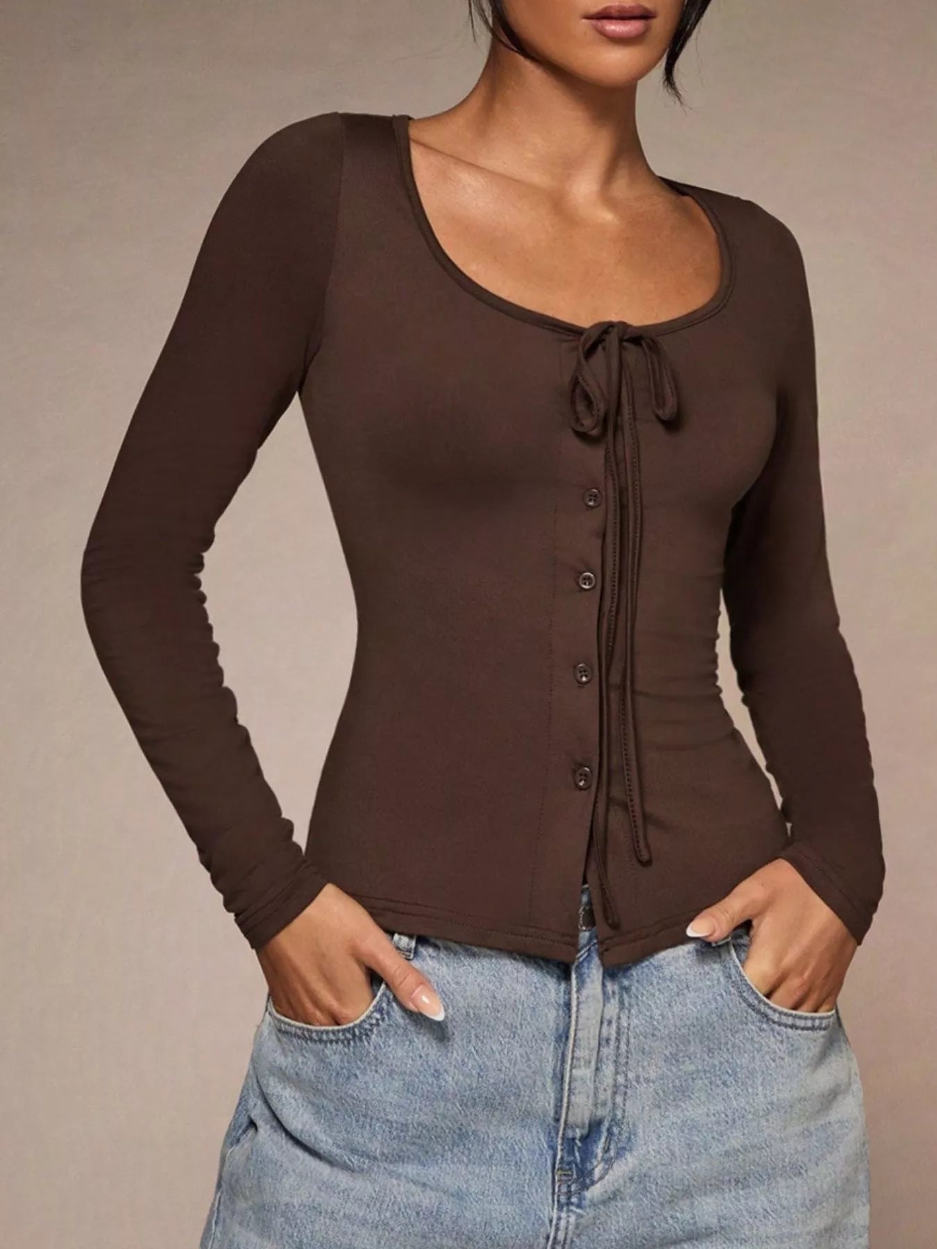 Long Sleeve Scoop Neck Tie Front T-Shirt OutfitFlow