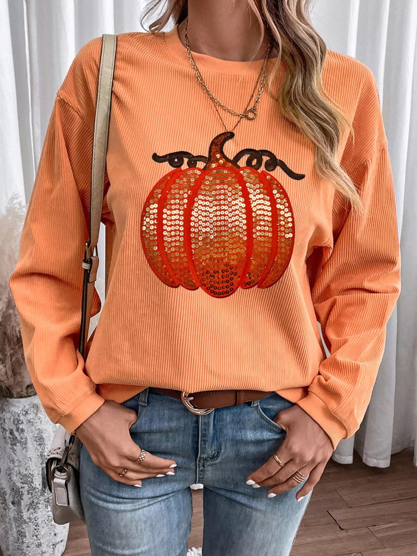 Halloween Sequined Pumpkin Ribbed Round Neck Sweatshirt OutfitFlow