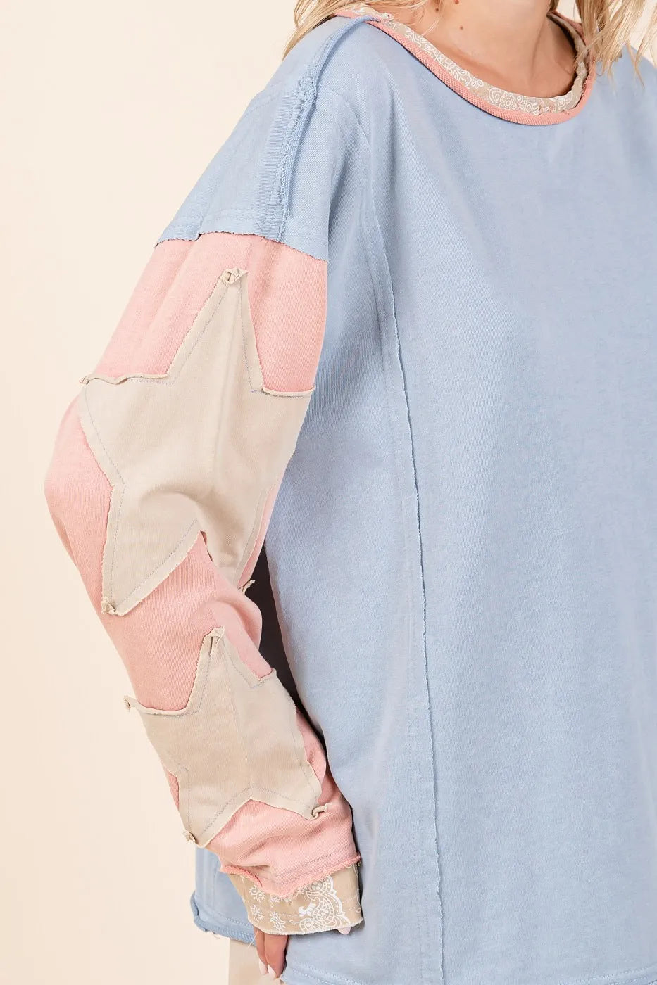 Mittoshop Star Patch Long Sleeve Colorblock Mineral Wash Top OutfitFlow