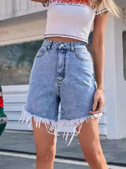 High Waisted Frayed Hem Denim Shorts OutfitFlow