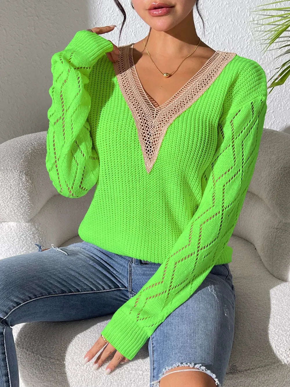 Openwork V-Neck Long Sleeve Sweater Trendsi