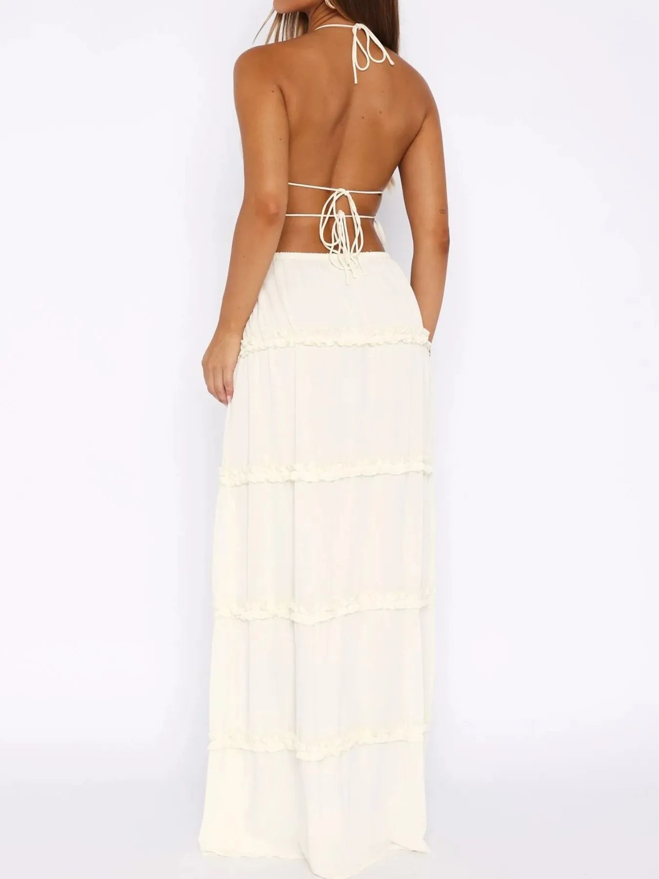 Halter Crop Backless Top and Maxi Skirt Set OutfitFlow