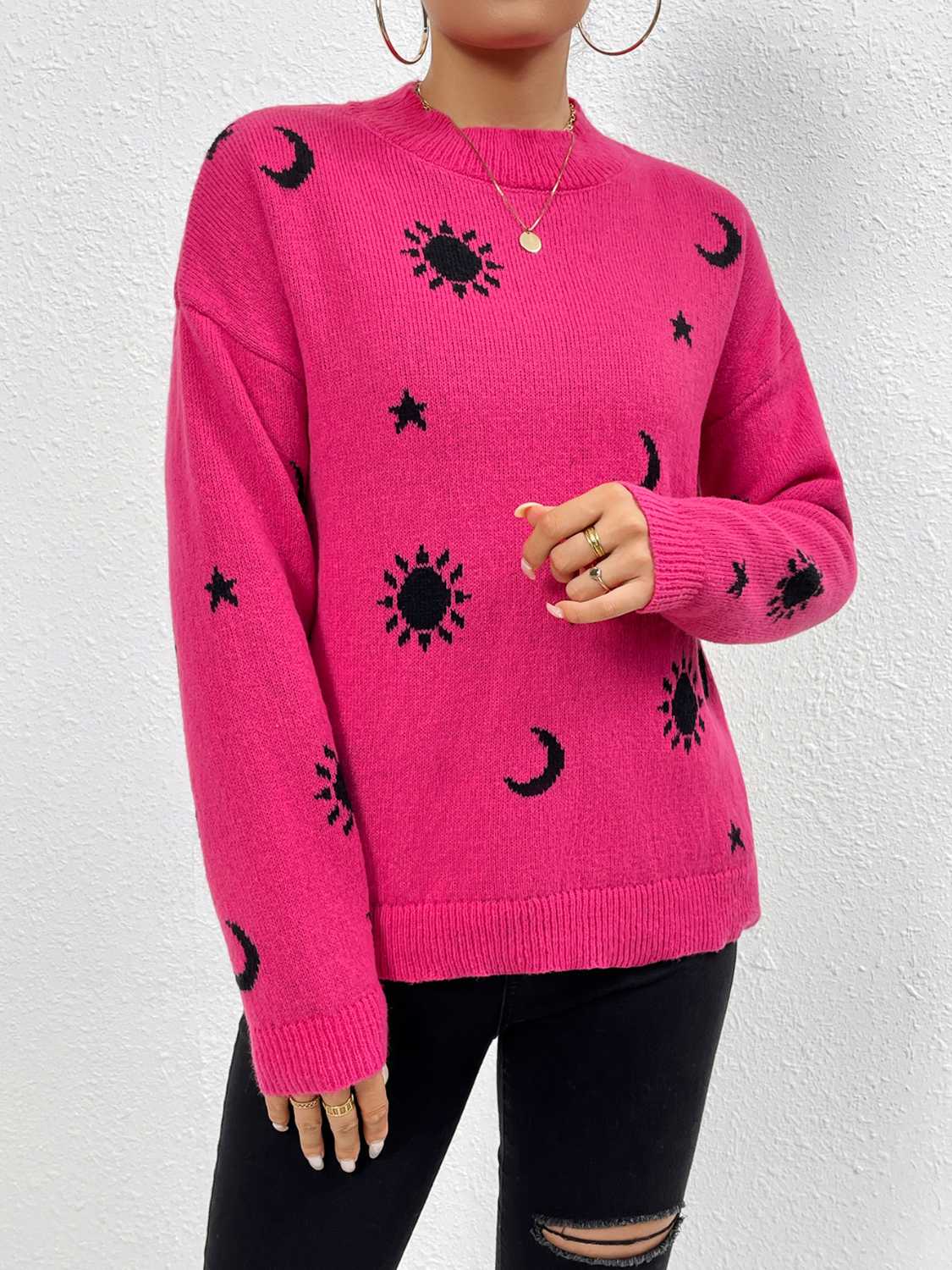 Patterned Drop Shoulder Sweater Trendsi