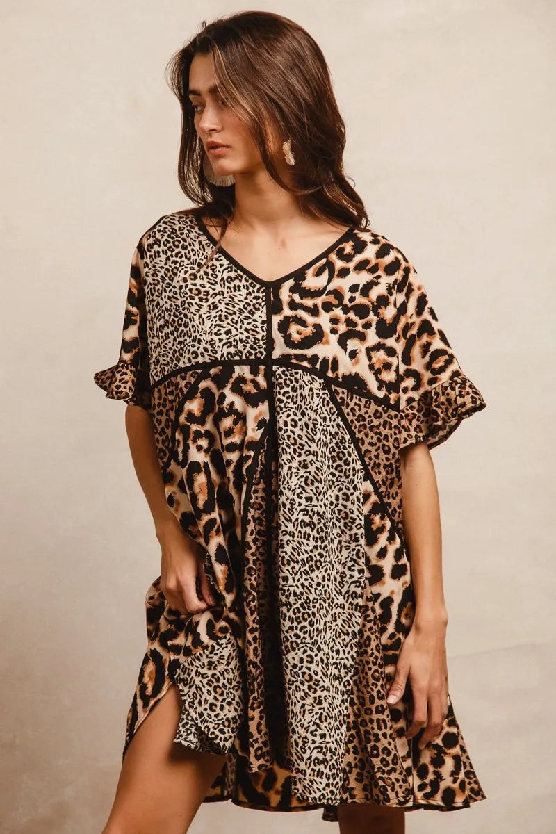 BiBi Leopard Prints Mix and Match Short Sleeves Dress OutfitFlow