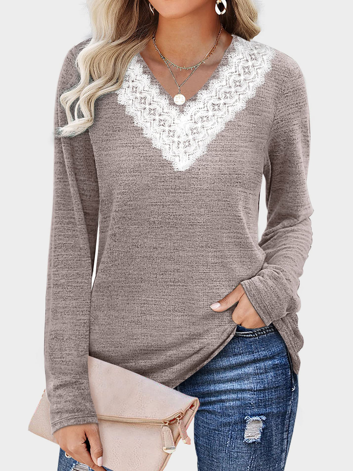 Outfit Flow - Lace Detail V-Neck Long Sleeve T-Shirt