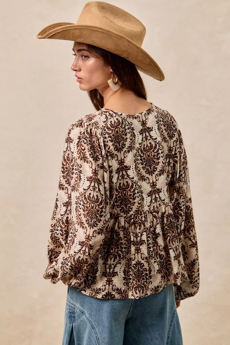 BiBi Printed Woven Front Tied Blouse with Baloon Sleeve OutfitFlow