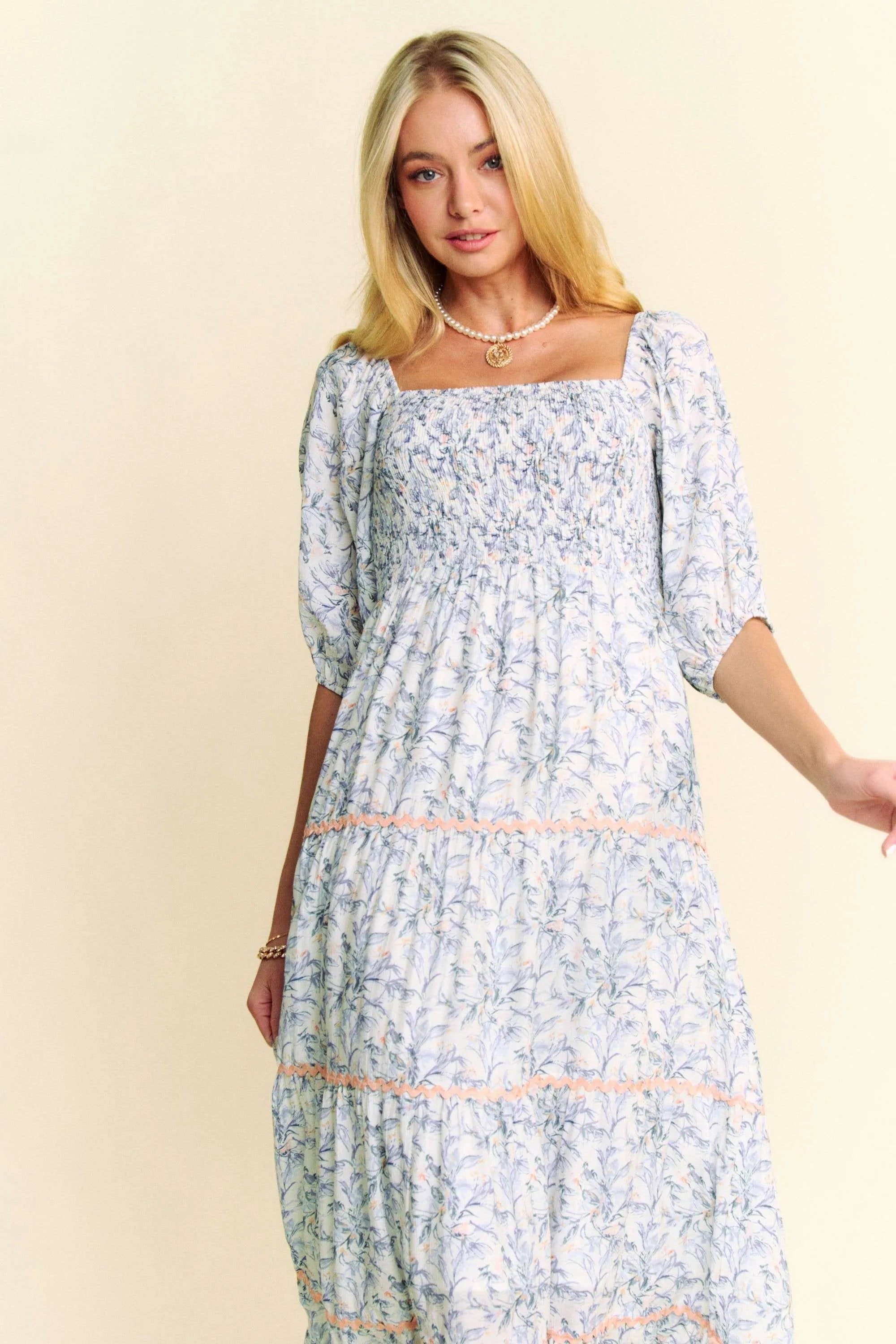 Davi & Dani Contrast Ric Smocking Bodice Tiered Midi Dress OutfitFlow