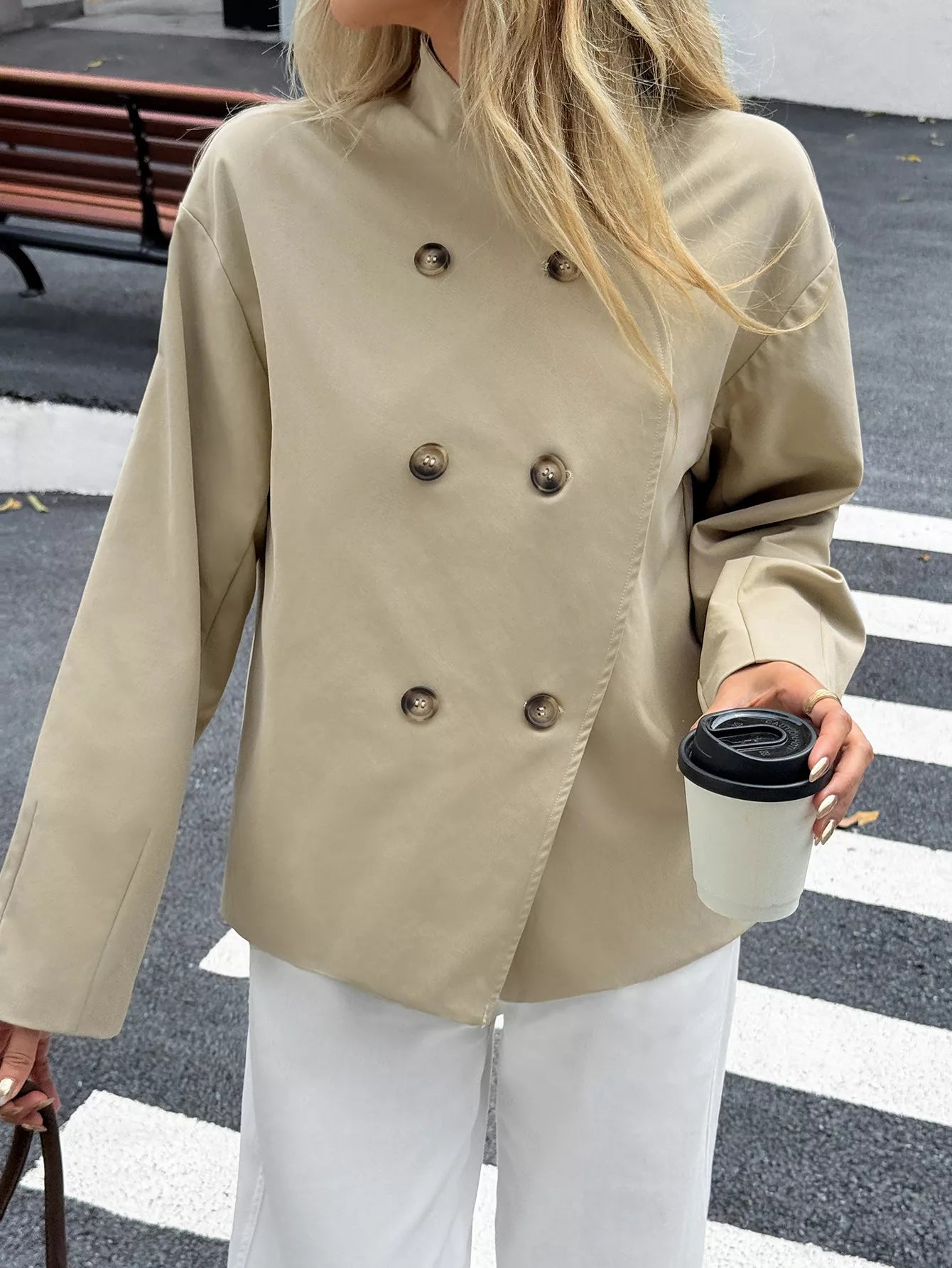 Double-Breasted Long Sleeve Jacket OutfitFlow