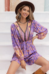 Outfit Flow - V-Neck Tie Waist Printed Romper