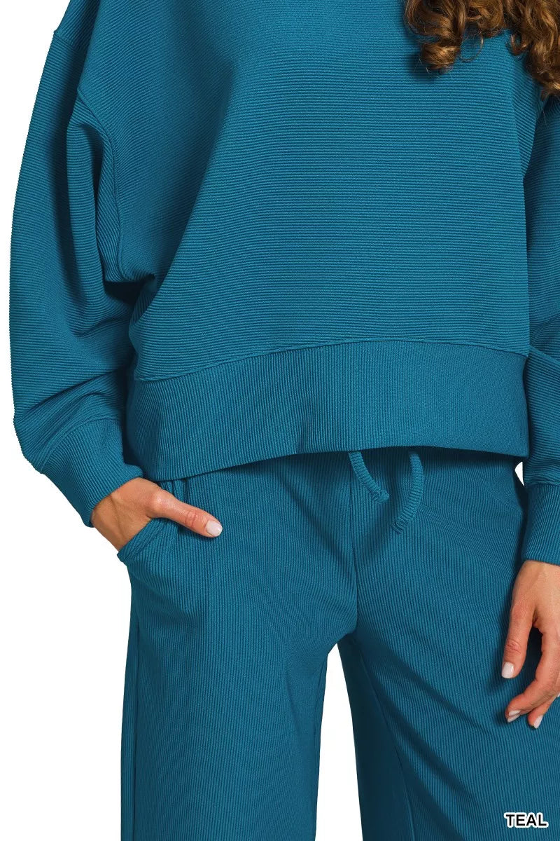 Zenana Ribbed Round Neck Pullover and Drawstring Pants Set OutfitFlow