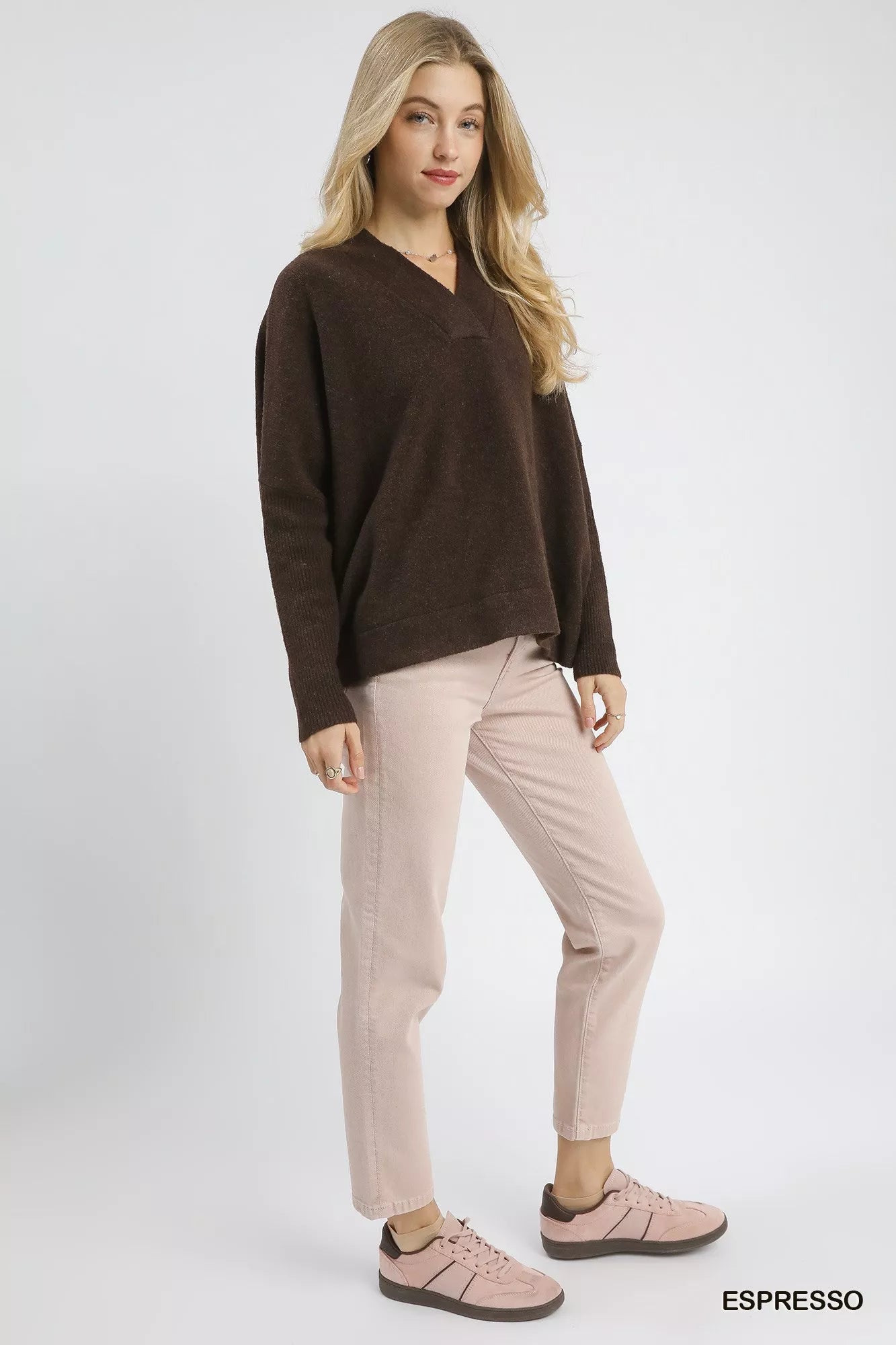 Umgee V-Neck Sweater with Wide Trim Detail OutfitFlow