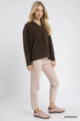 Umgee V-Neck Sweater with Wide Trim Detail OutfitFlow