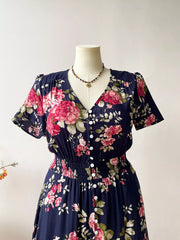 Plus Size Floral Print Short Sleeves V-Neck Dress OutfitFlow
