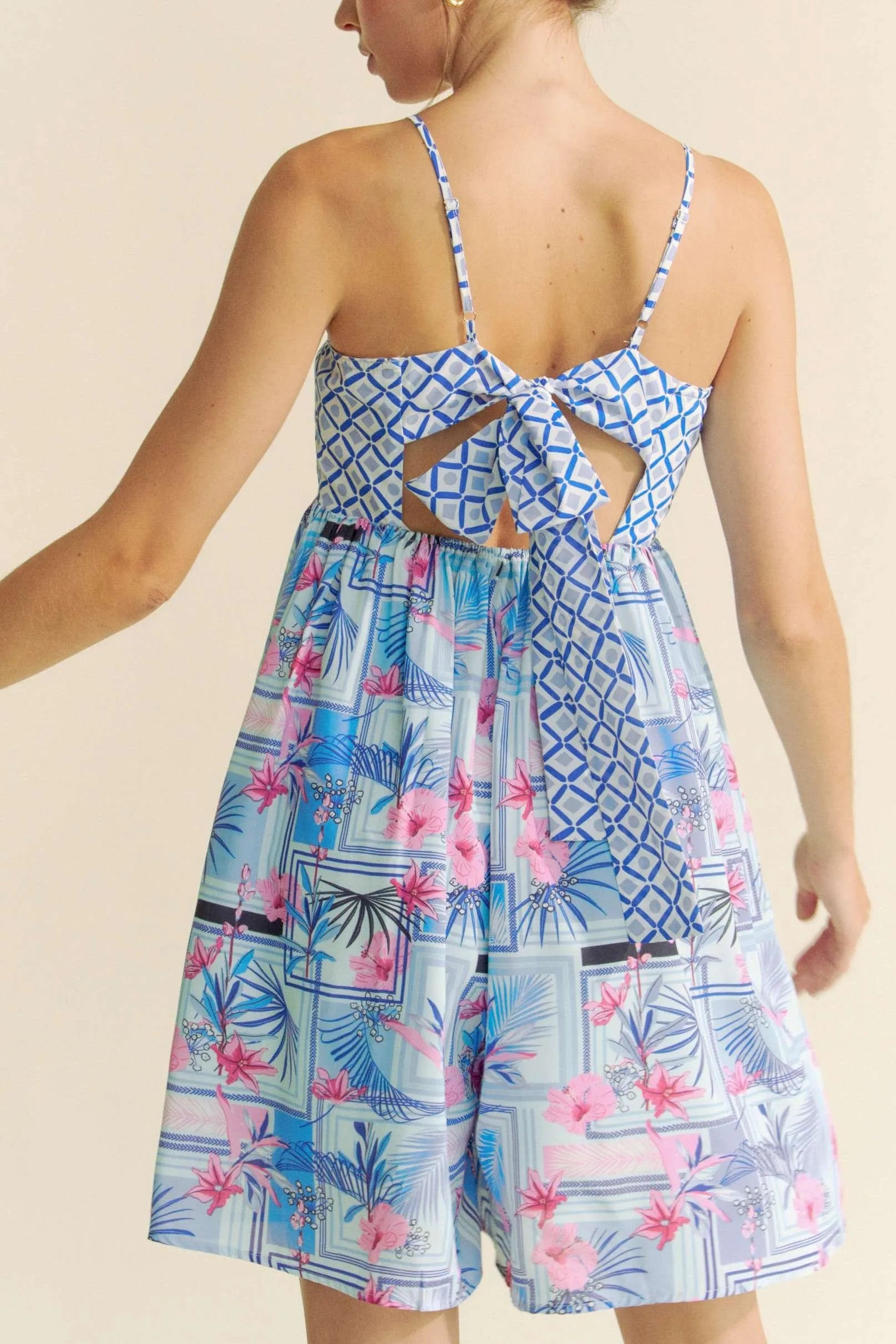 Davi & Dani Tropical Floral Geo Print Tie Back Tube Top Romper OutfitFlow