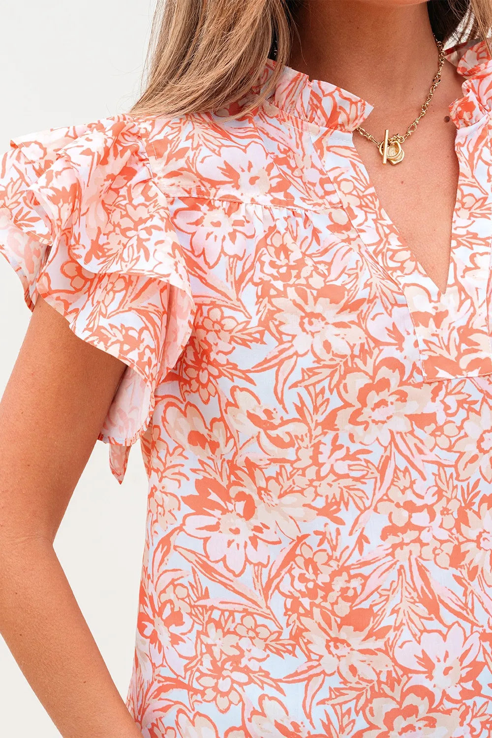 Floral Ruffle Sleeve Split Neck Blouse OutfitFlow