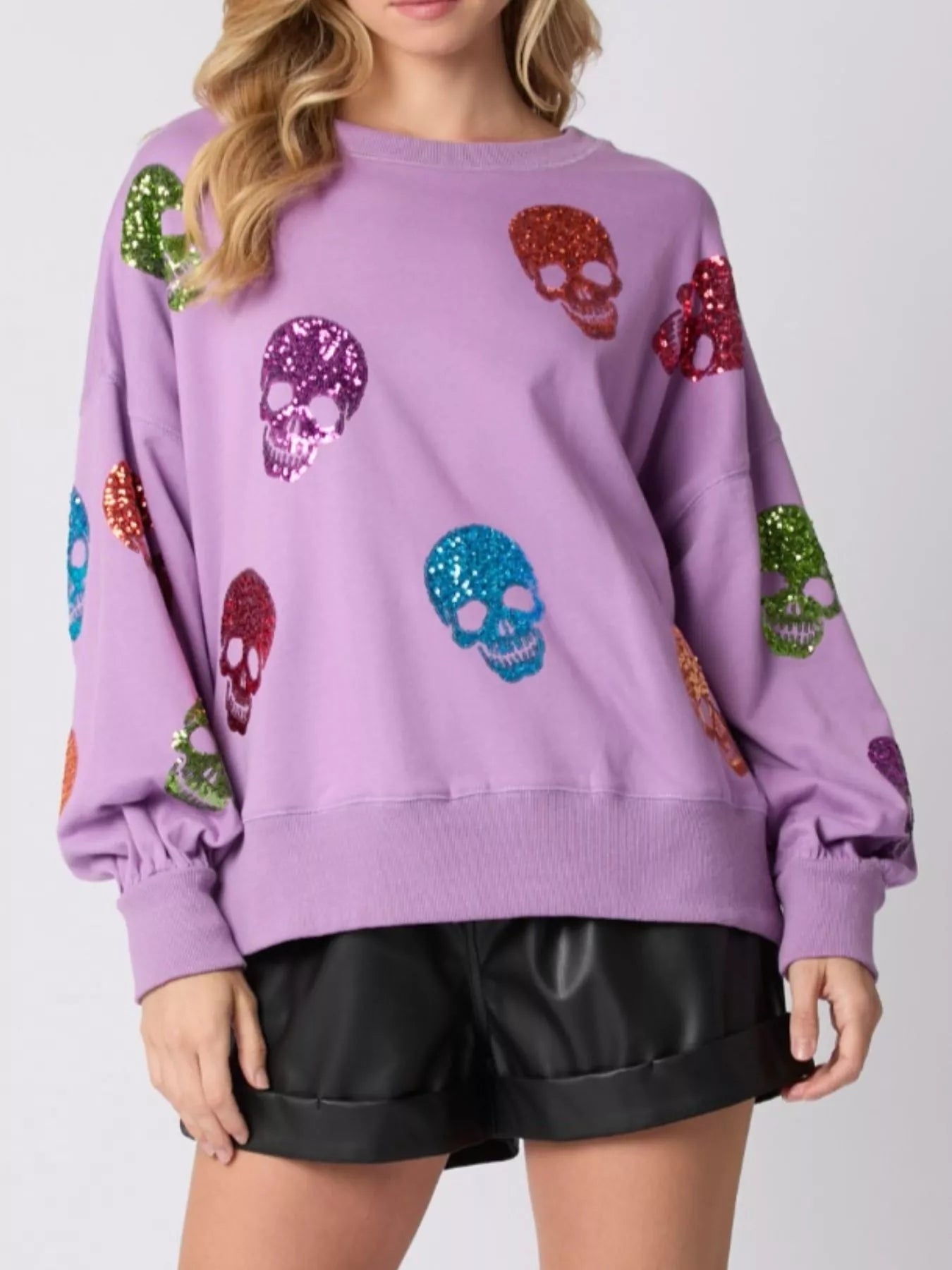 Halloween Colorful Skull Sequin Oversized Sweatshirt OutfitFlow