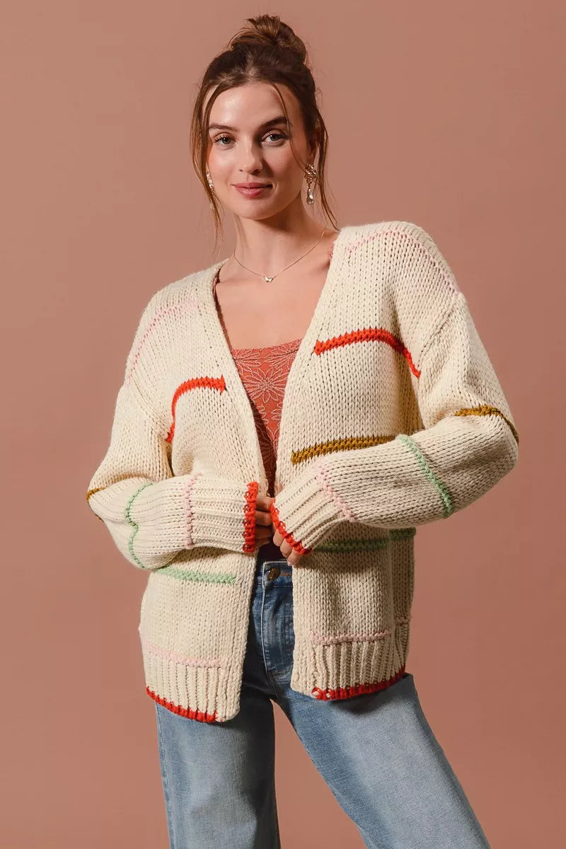 SO ME Loose Fit Multi Stripe Open Front Cardigan Trendsi