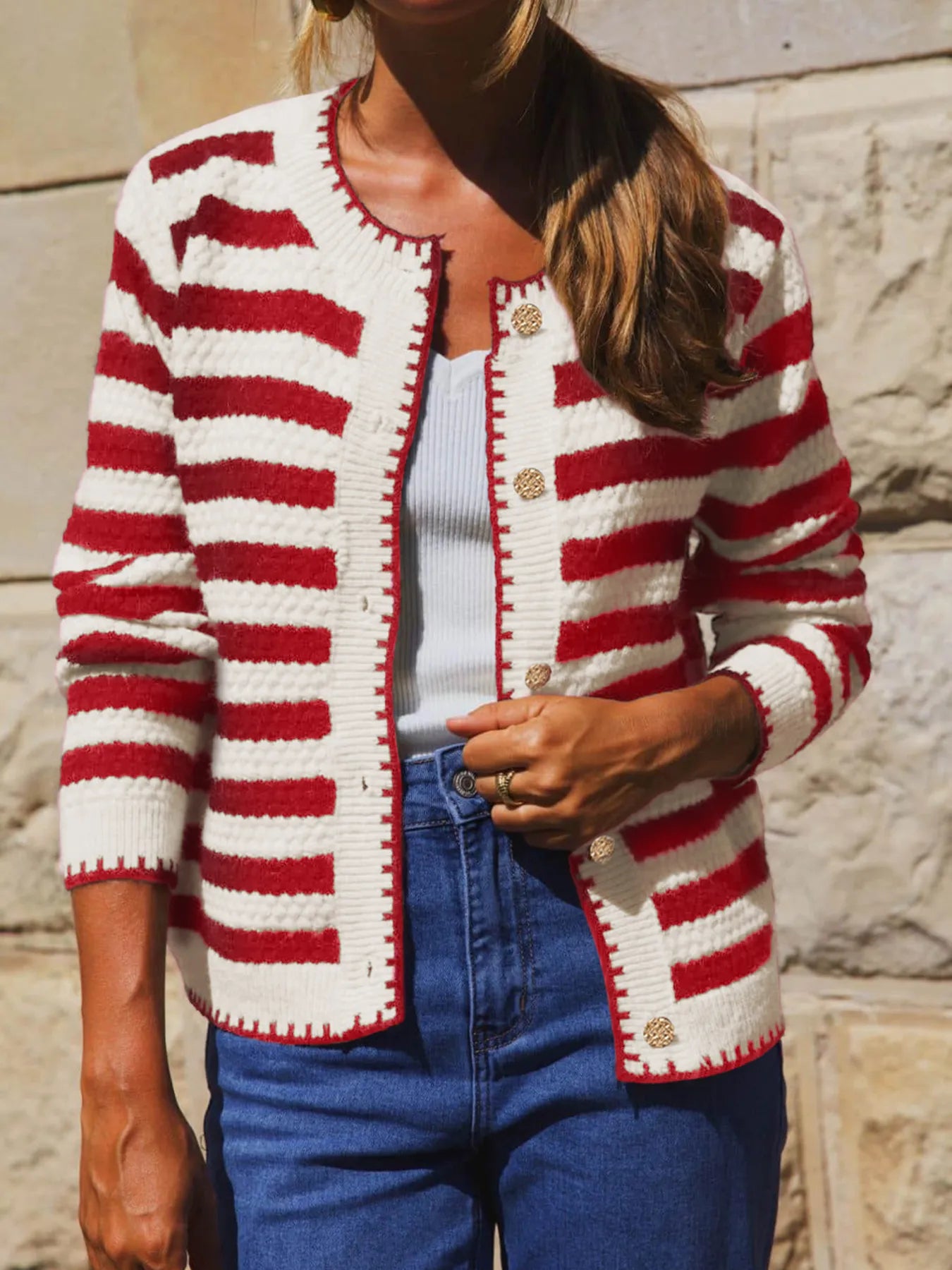 Button Down Striped Long Sleeve Cardigan OutfitFlow