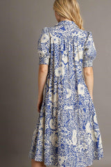 Umgee Full Size Printed Smocked Cuff Puff Sleeve Midi Dress Plus Size OutfitFlow