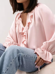 Ruffle Trim Satin Flounce Sleeve Blouse OutfitFlow
