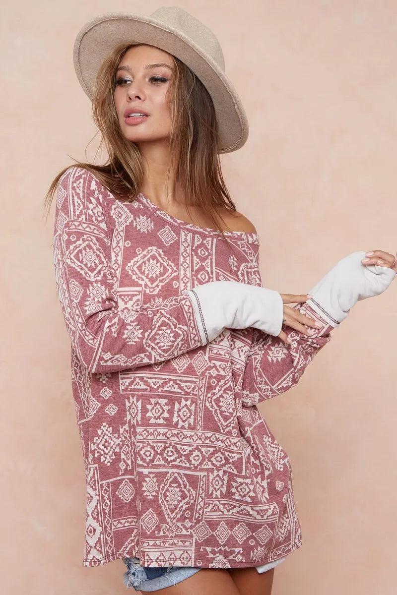 BiBi Aztec Print French Terry Top with Thumb Opening OutfitFlow