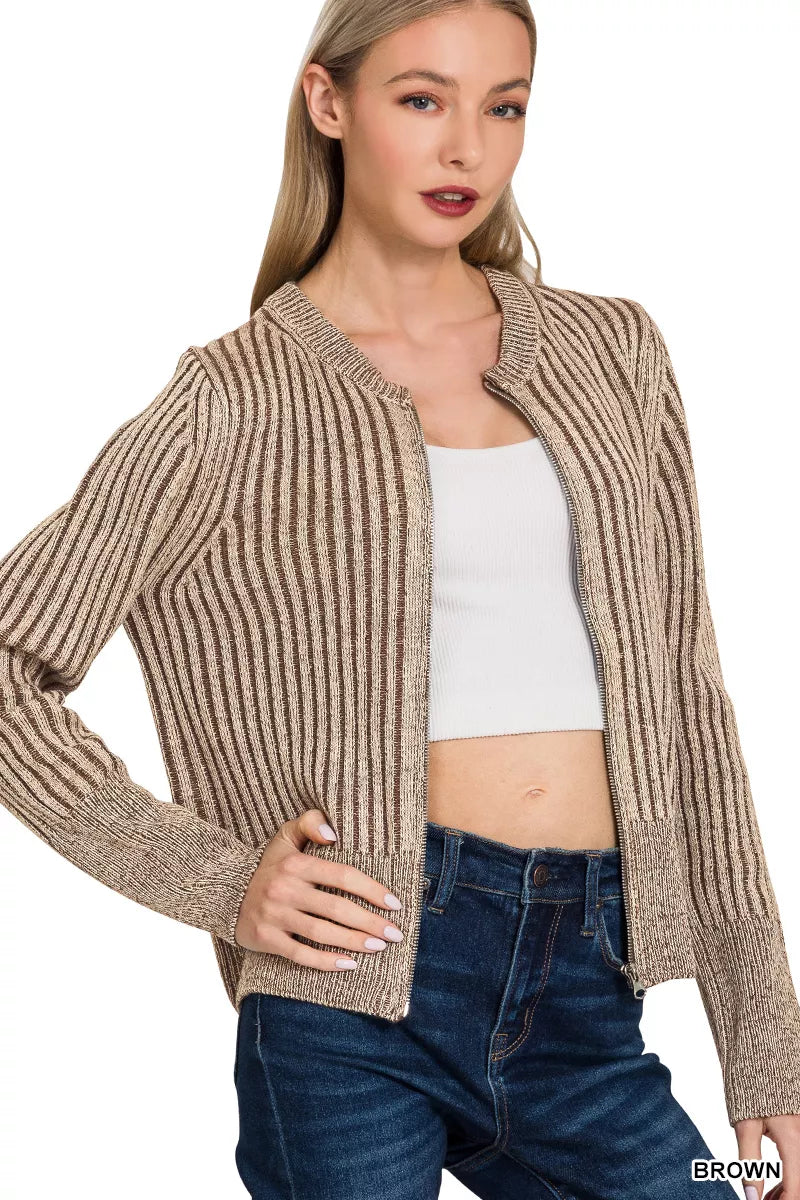 Zenana Ribbed Two Tone Zip Up Sweater Cardigan Trendsi